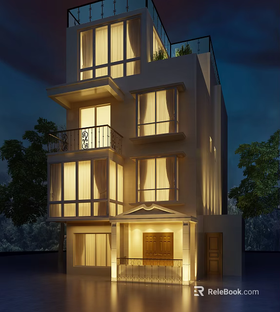 Modern Three Story Detached Villa With Evening Lighting And Balcony Surrounded by Trees 3d model 