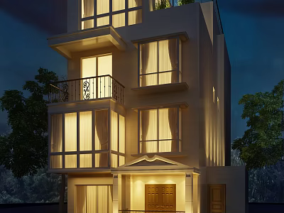 Modern Three Story Detached Villa With Evening Lighting And Balcony Surrounded by Trees 3d model
