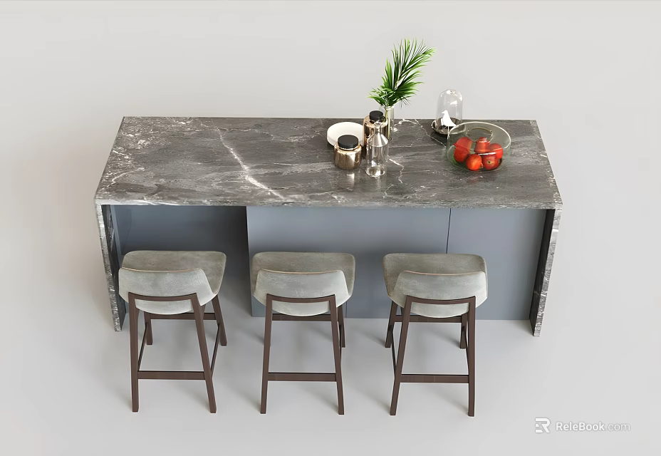 Modern Dining Table Set With Marble Countertop And Three Gray Cushioned Bar Stools 3d model