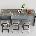 Modern Dining Table Set With Marble Countertop And Three Gray Cushioned Bar Stools 3d model