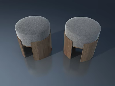 Two Round Modern Stools With Gray Padded Seats And Wooden Frames 3d model