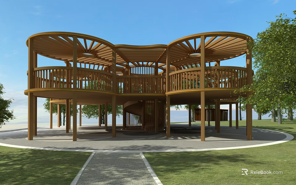 Outdoor Roadside Wooden Canopy Structure With Pedestrian Observation Deck And Green Grassland Surrounding Trees 3d model 