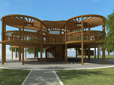 Outdoor Roadside Wooden Canopy Structure With Pedestrian Observation Deck And Green Grassland Surrounding Trees 3d model