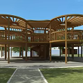 Outdoor Roadside Wooden Canopy Structure With Pedestrian Observation Deck And Green Grassland Surrounding Trees