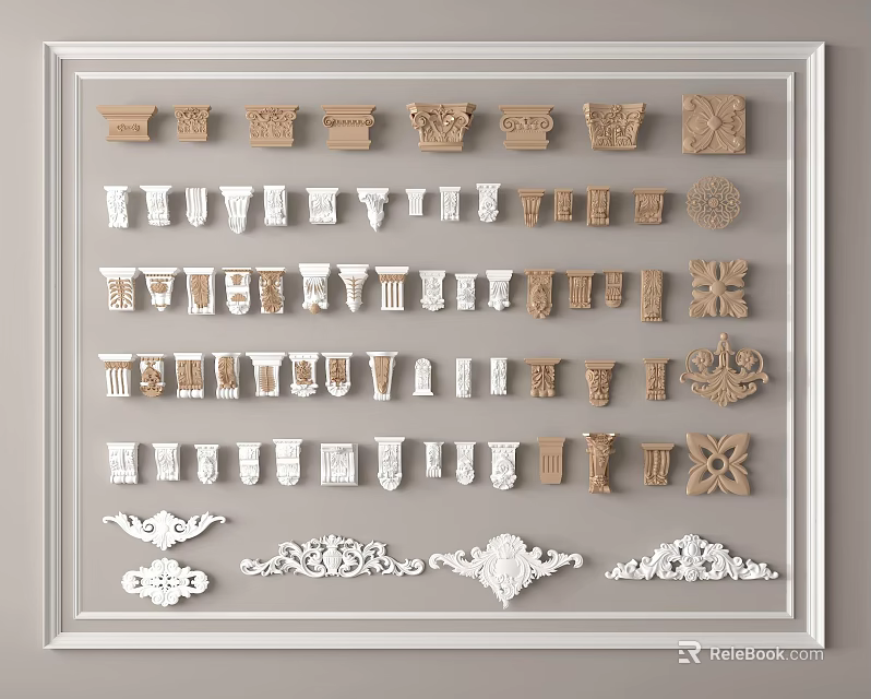 Wooden And White Carved Decorative Elements With Various Patterns And Styles 3d model 