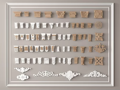 Wooden And White Carved Decorative Elements With Various Patterns And Styles 3d model