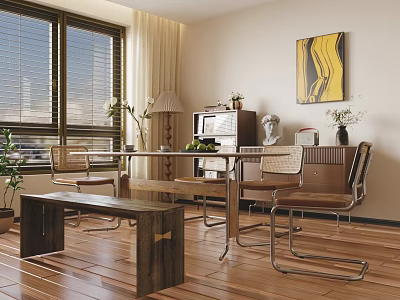 Modern Restaurant Dining Area With Wooden Table Chairs And Large Windows 3d model