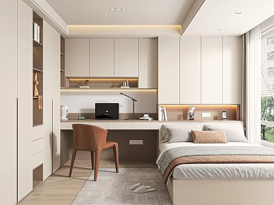 Modern Tatami Bedroom Interior With Desk Chair Cabinet And Natural Light 3d model