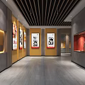 Art Exhibition Hall Interior With Red Display Case Stone Sculpture And Yellow Framed Paintings