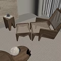 Modern Wooden Leisure Chair With Rattan Weaving And Matching Stools In Minimalist Interior