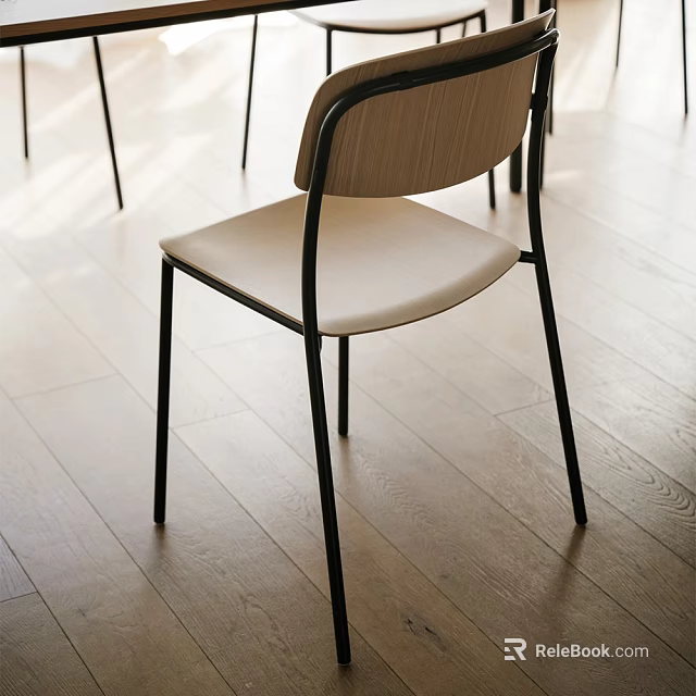 Modern Minimalist Dining Chair With Black Metal Frame And Light Wooden Backrest 3d model 