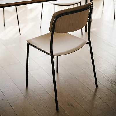 Modern Minimalist Dining Chair With Black Metal Frame And Light Wooden Backrest 3d model