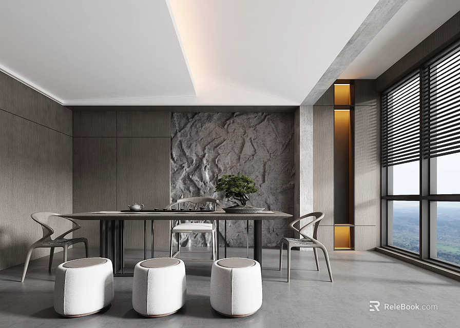 Modern Tea Room Interior Design With Stone Wall Wooden Table Chairs And Scenic View 3d model 
