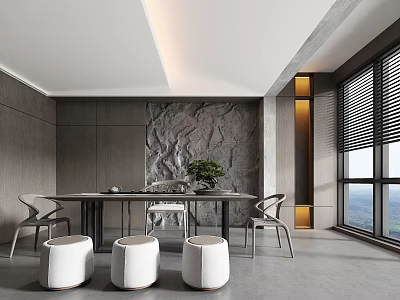 Modern Tea Room Interior Design With Stone Wall Wooden Table Chairs And Scenic View 3d model