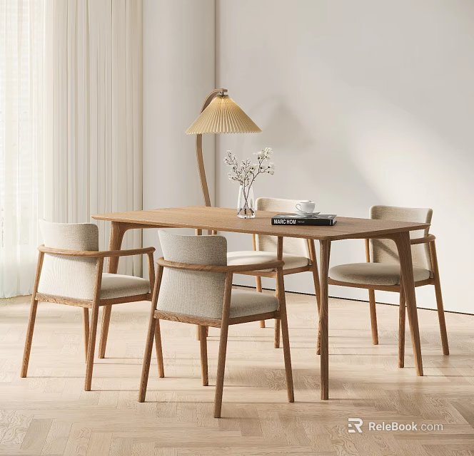 Modern Wooden Dining Table With Chairs Floor Lamp And Vase In Bright Room 3d model 