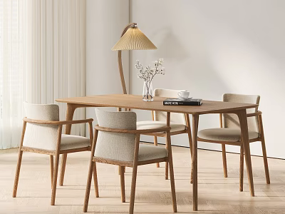 Modern Wooden Dining Table With Chairs Floor Lamp And Vase In Bright Room 3d model