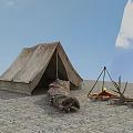 Rustic Canvas Tent Setup With Campfire And Logs Under Blue Sky 3d model