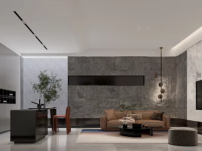 Modern Basement Interior With Sofa Decorative Wall And Pendant Lights 3d model