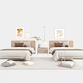 Modern Bedroom Interior With Double Bed Decorative Paintings Nightstand Lamp And Rug