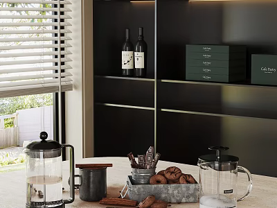 Modern Kitchen Interior With Black Shelves Wine Bottles Green Boxes Coffee Pots And Cookies 3d model