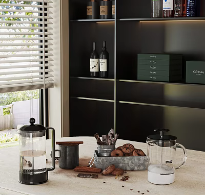 Modern Kitchen Interior With Black Shelves Wine Bottles Green Boxes Coffee Pots And Cookies 3d model