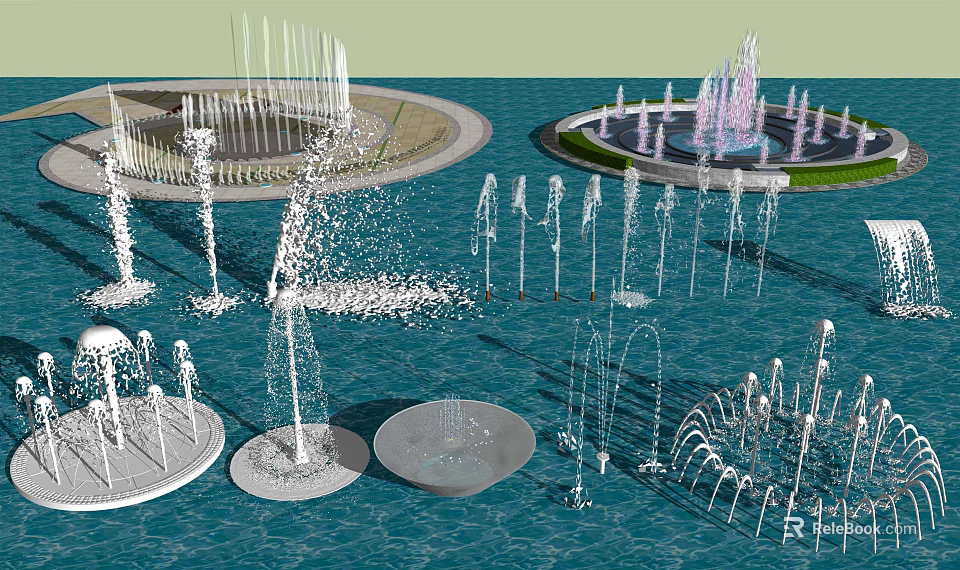 Scenic Water Fountain Display With Multiple Spray Designs And Circular Structures 3d model 