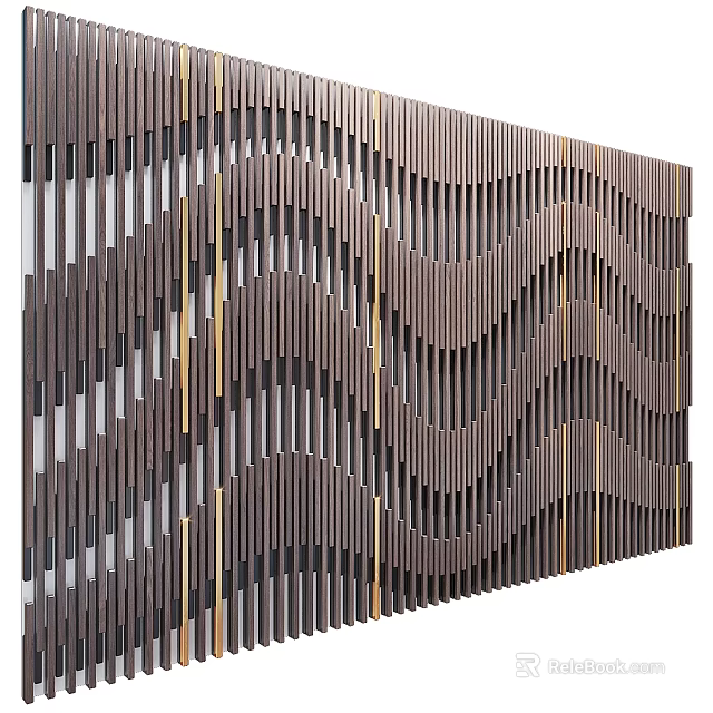 Elegant Modern Wavy Wooden Slat Background Wall With Metal Accent Strips 3d model 