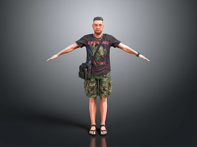 A Man Wearing Black T-shirt And Camouflage Shorts With Arms Outstretched Carrying Black Bag 3d model