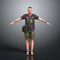 A Man Wearing Black T-shirt And Camouflage Shorts With Arms Outstretched Carrying Black Bag