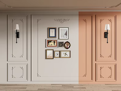 Stylish Wall Paneling Interior With Light Gray Peach Panels Framed Art And Wall Sconces 3d model