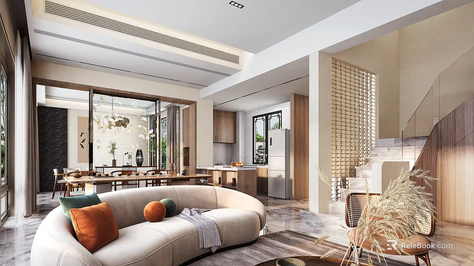 Modern Living and Dining Area Interior Design With Beige Sofa Colorful Cushions And Dining Table 3d model 