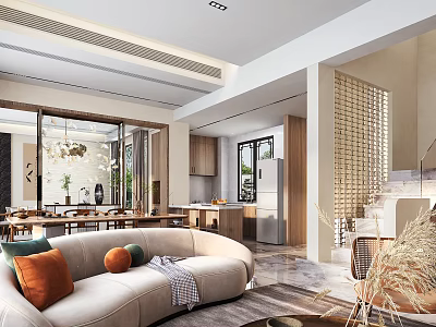 Modern Living and Dining Area Interior Design With Beige Sofa Colorful Cushions And Dining Table 3d model