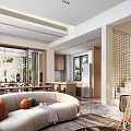 Modern Living and Dining Area Interior Design With Beige Sofa Colorful Cushions And Dining Table
