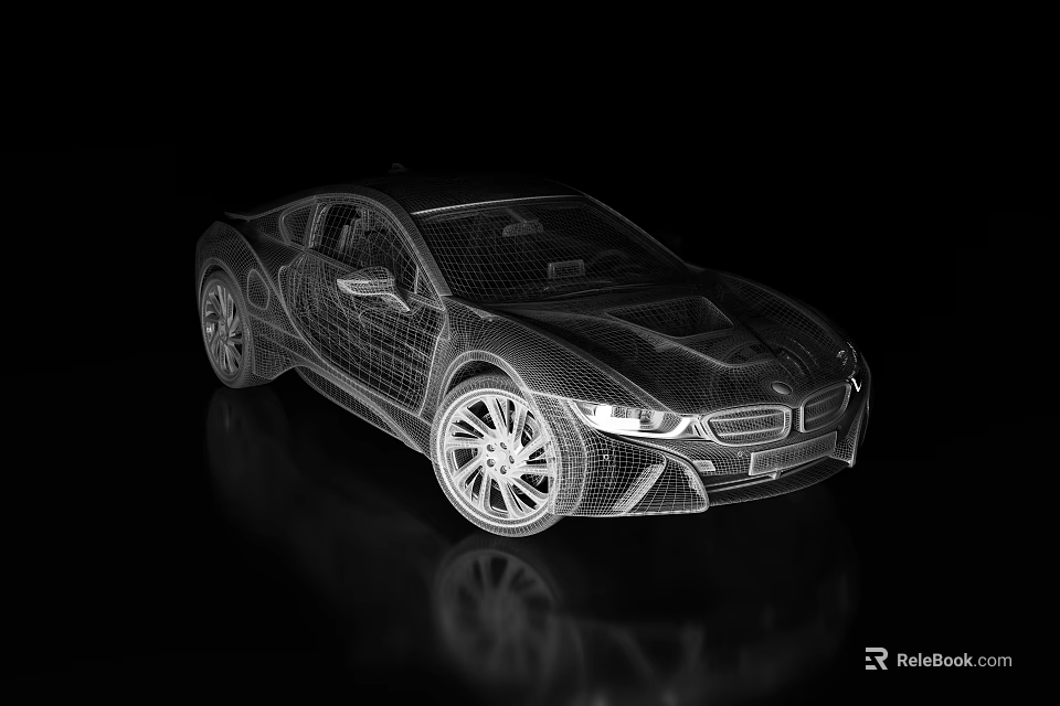 3D Wireframe Sports Car on Black Background with Mesh Structure Streamlined Design Headlights and Wheels 3d model 