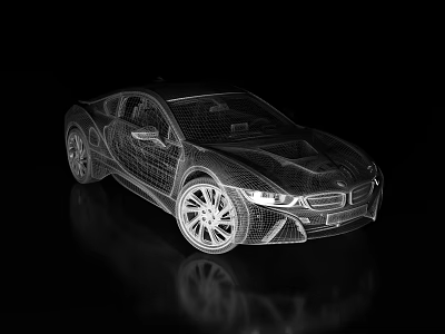 3D Wireframe Sports Car on Black Background with Mesh Structure Streamlined Design Headlights and Wheels 3d model