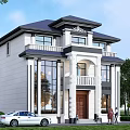 European Style Two Story Detached Villa With White Exterior Dark Roof And Green Trees