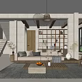 Modern Living Dining Room Interior With Sofa Coffee Table Bookshelf And Staircase