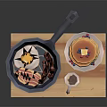 Breakfast With Fried Eggs Bacon Pancakes In Blue Frying Pan Purple Mug On Wooden Board