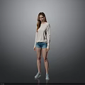 A woman wearing white long-sleeve top blue denim shorts light blue shoes against gray background