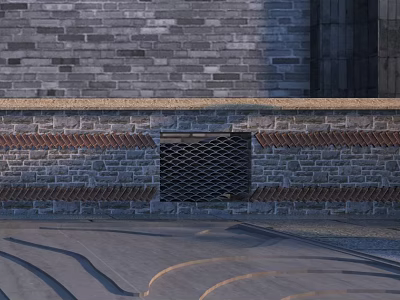 Gray Textured Brick Wall Exterior Featuring Decorative Grille And Patterned Ground 3d model