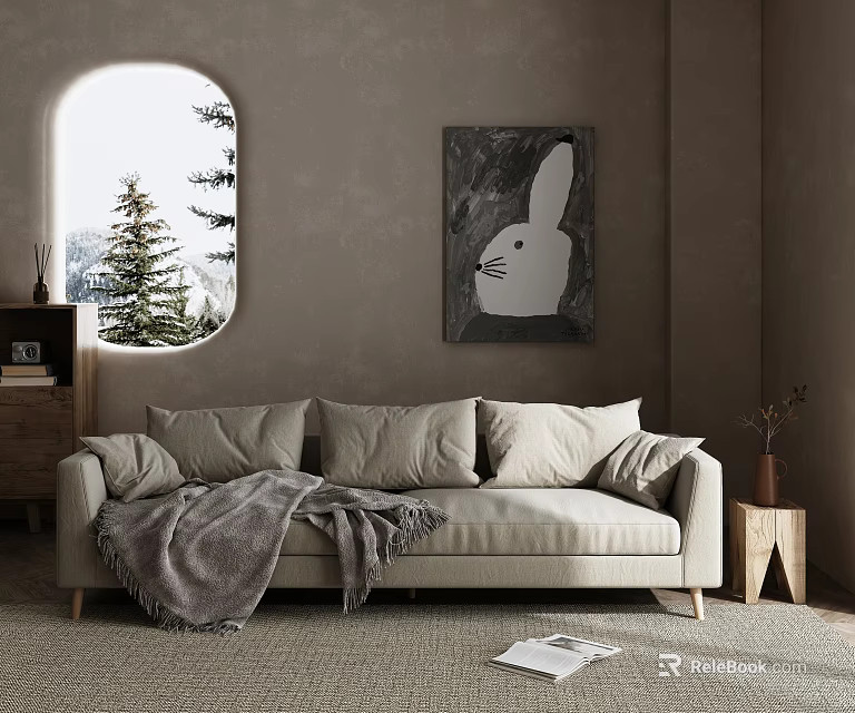 Beige Two-Seater Sofa With Cushions Gray Blanket Rabbit Painting By Oval Window Pine Trees 3d model 