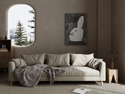 Beige Two-Seater Sofa With Cushions Gray Blanket Rabbit Painting By Oval Window Pine Trees 3d model