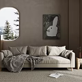 Beige Two-Seater Sofa With Cushions Gray Blanket Rabbit Painting By Oval Window Pine Trees