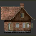 Traditional Brick House With Red Tiled Roof Chimney Wooden Door Windows And Stone Base