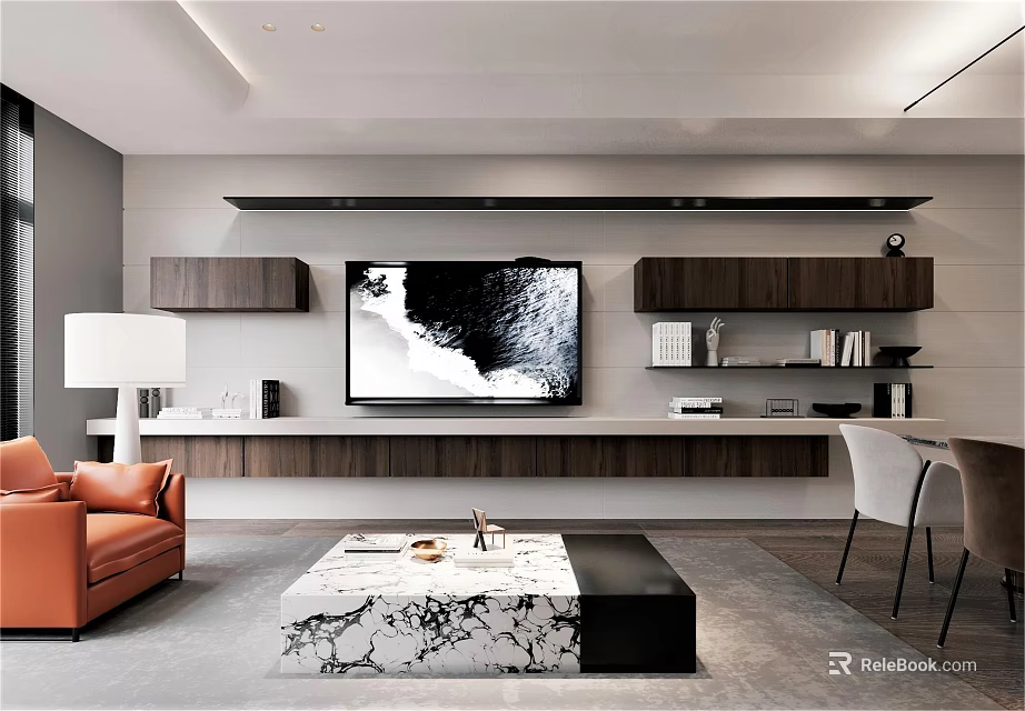 Modern Living And Dining Room Interior With TV Wall Orange Sofa And Marble Coffee Table 3d model 