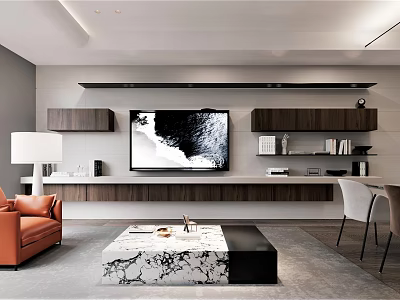 Modern Living And Dining Room Interior With TV Wall Orange Sofa And Marble Coffee Table 3d model