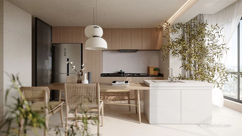 Minimalist Dining and Living Room With Wooden Cabinets Rattan Chairs White Pendant Light and Plant 3d model 