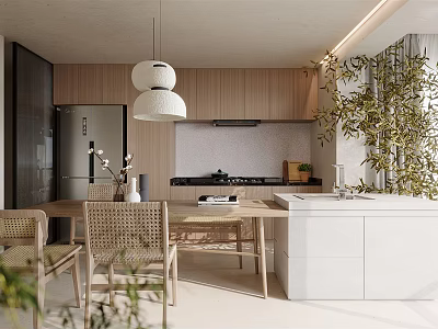 Minimalist Dining and Living Room With Wooden Cabinets Rattan Chairs White Pendant Light and Plant 3d model