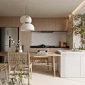 Minimalist Dining and Living Room With Wooden Cabinets Rattan Chairs White Pendant Light and Plant