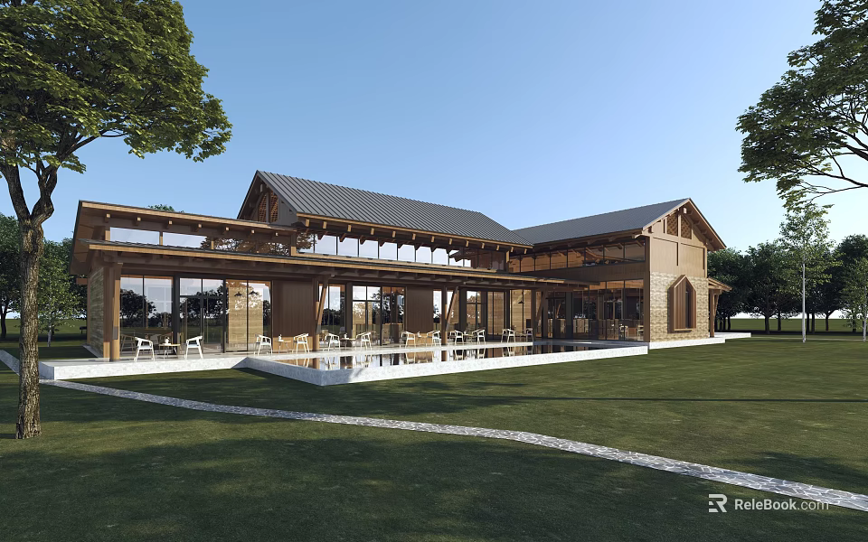 Wooden Rustic Guesthouse Building with Large Glass Windows Open Terrace and Green Grassland 3d model 
